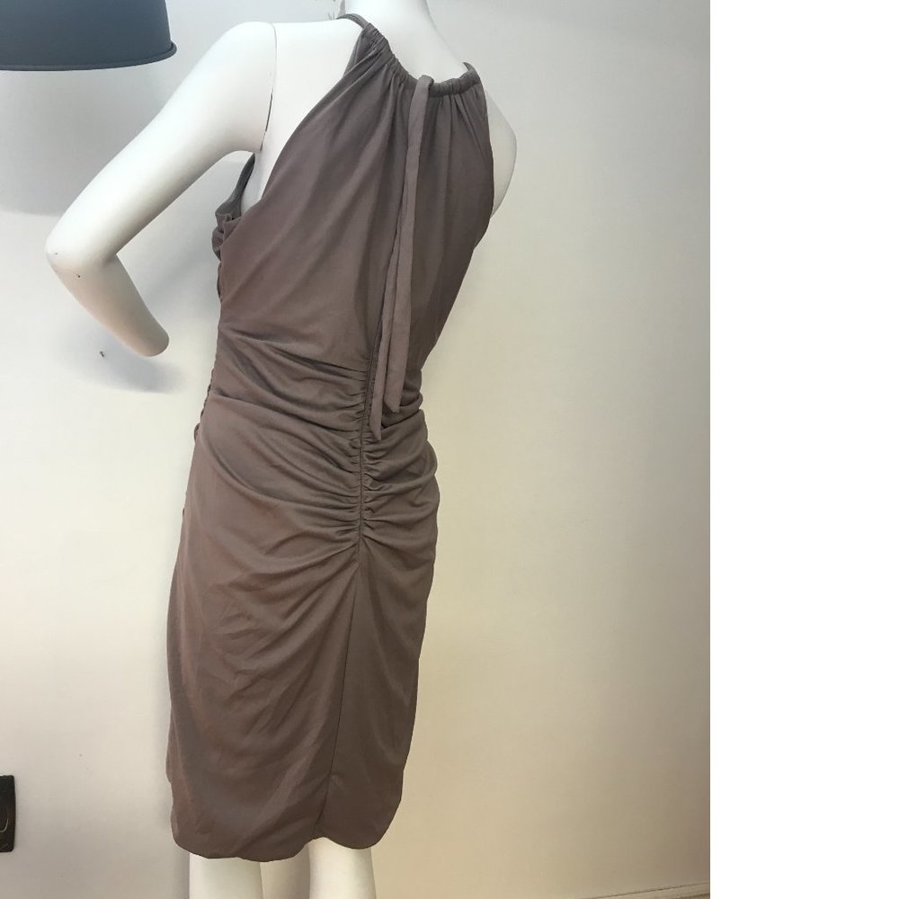 Le Chateau Chocolate Grey Gold Formal Cocktail Drape Halter Neck Bodycon Dress